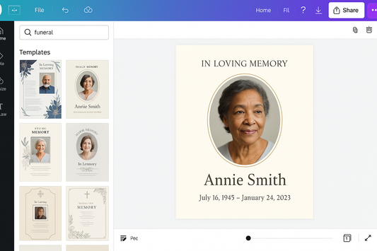 Editable funeral program template in Canva with In Loving Memory design
