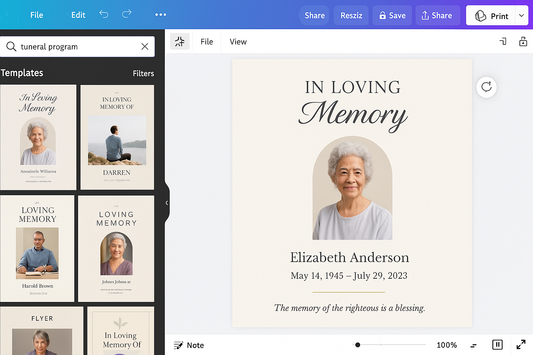 Elegant funeral program template designed in Canva with In Loving Memory layout