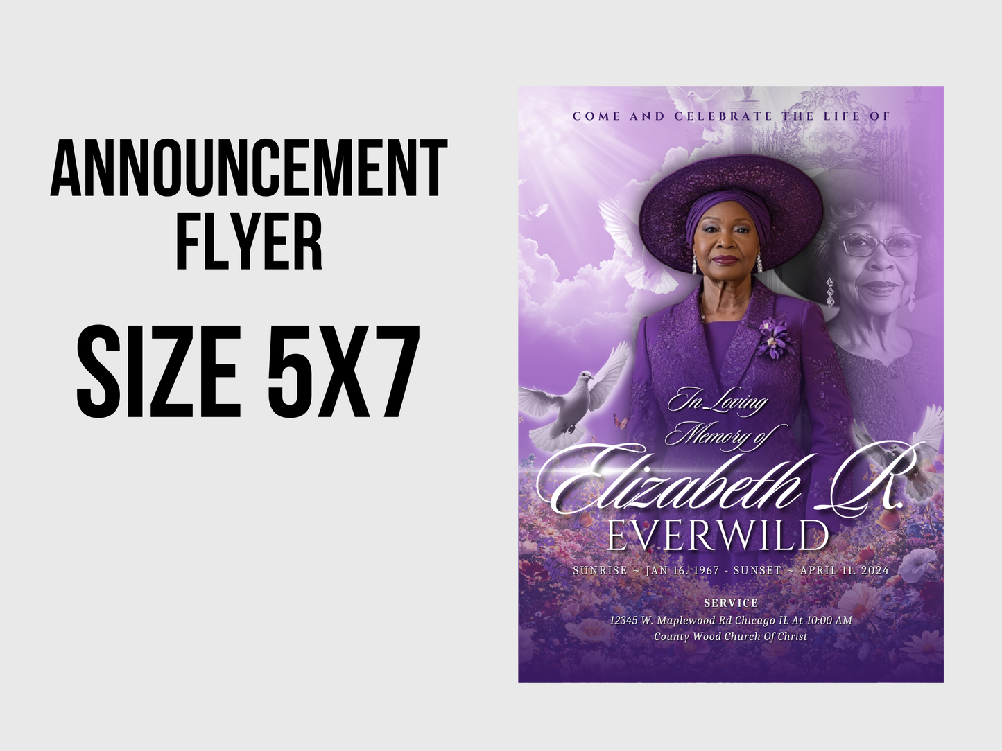 Purple Announcement Flyer | In Loving Memory Flyer | Womens Celebration of life Program