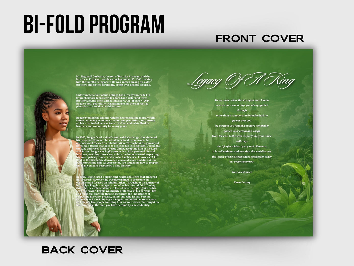 Funeral programs 8.5X11 editable template 8 page Women's Green Program In loving memory funeral brochure printing DIY Funeral booklet