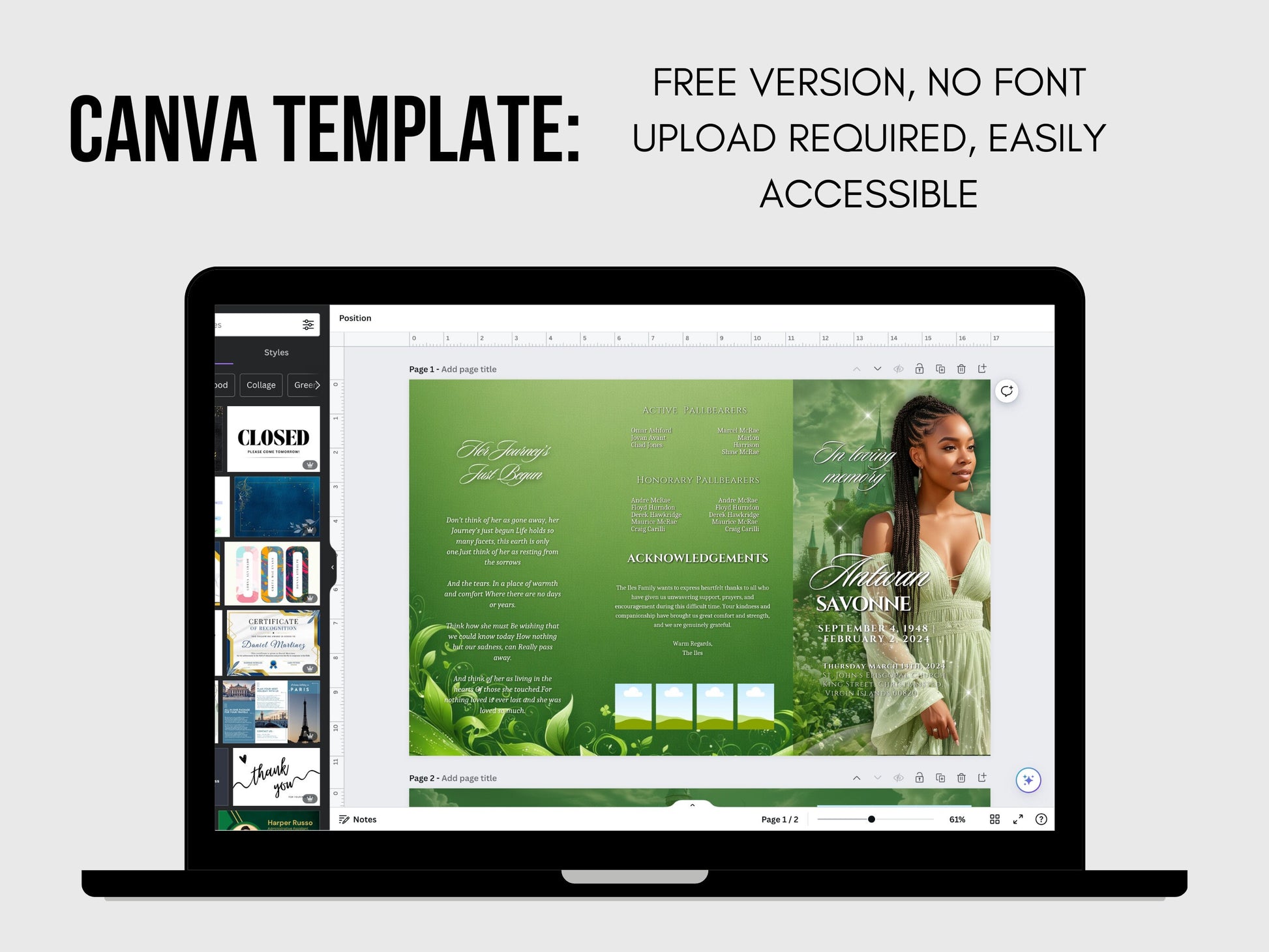 Funeral program 17"X11"editable template TRIFOLD Women Green In loving memory funeral brochure printing DIY Funeral booklet Printable