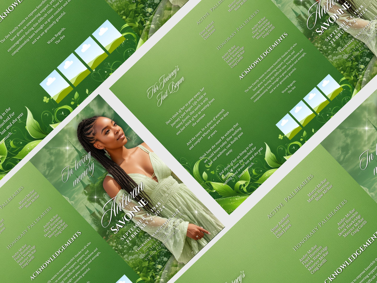 Funeral program 17"X11"editable template TRIFOLD Women Green In loving memory funeral brochure printing DIY Funeral booklet Printable