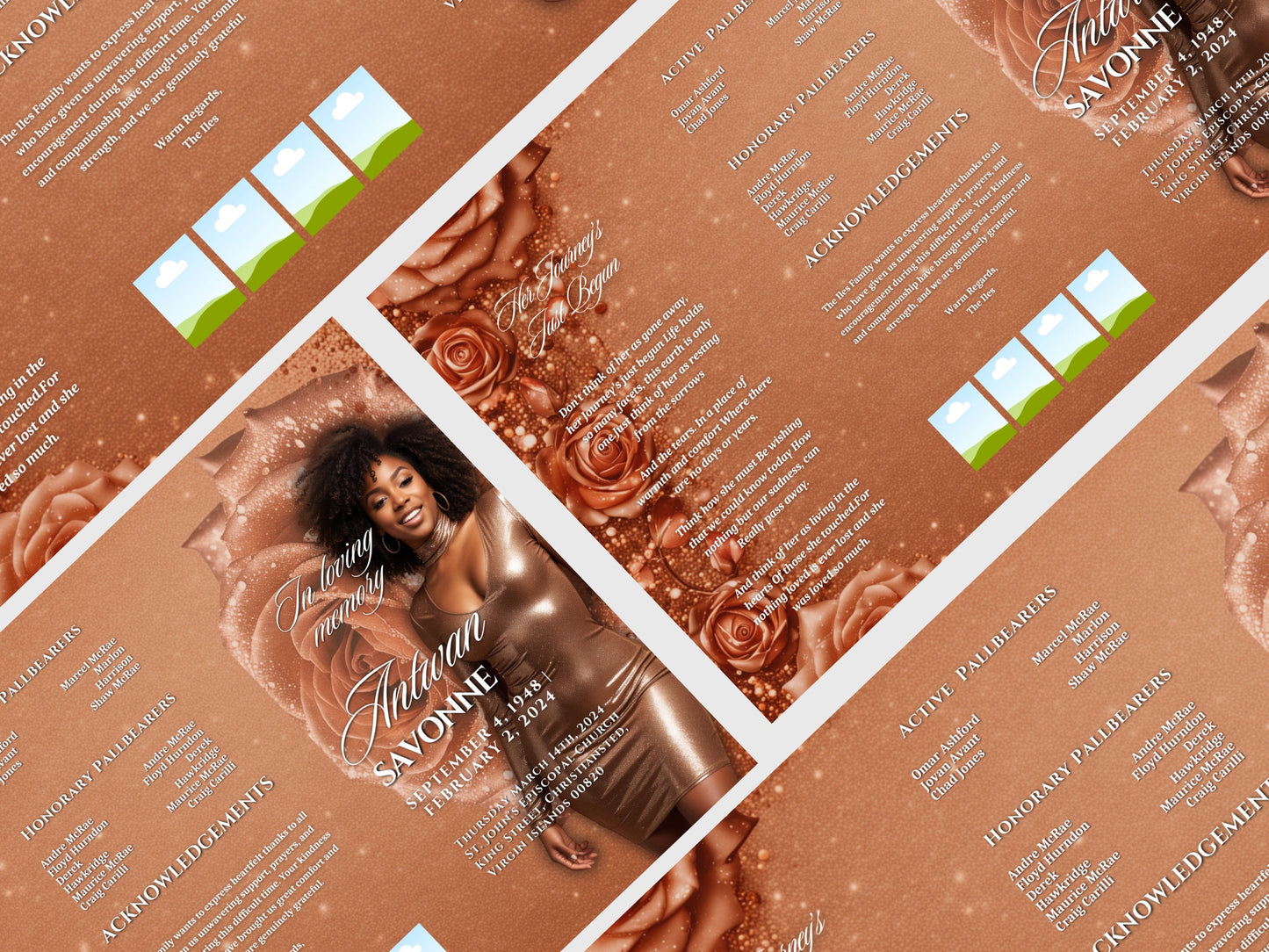 Funeral program 17"X11"editable templateTRIFOLD Women Brown Glitter In loving memory funeral brochure printing DIY Funeral booklet Printable