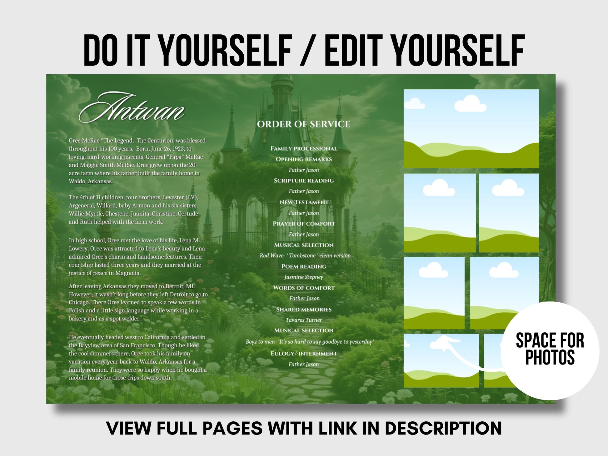 Funeral program 17"X11"editable template TRIFOLD Women Green In loving memory funeral brochure printing DIY Funeral booklet Printable