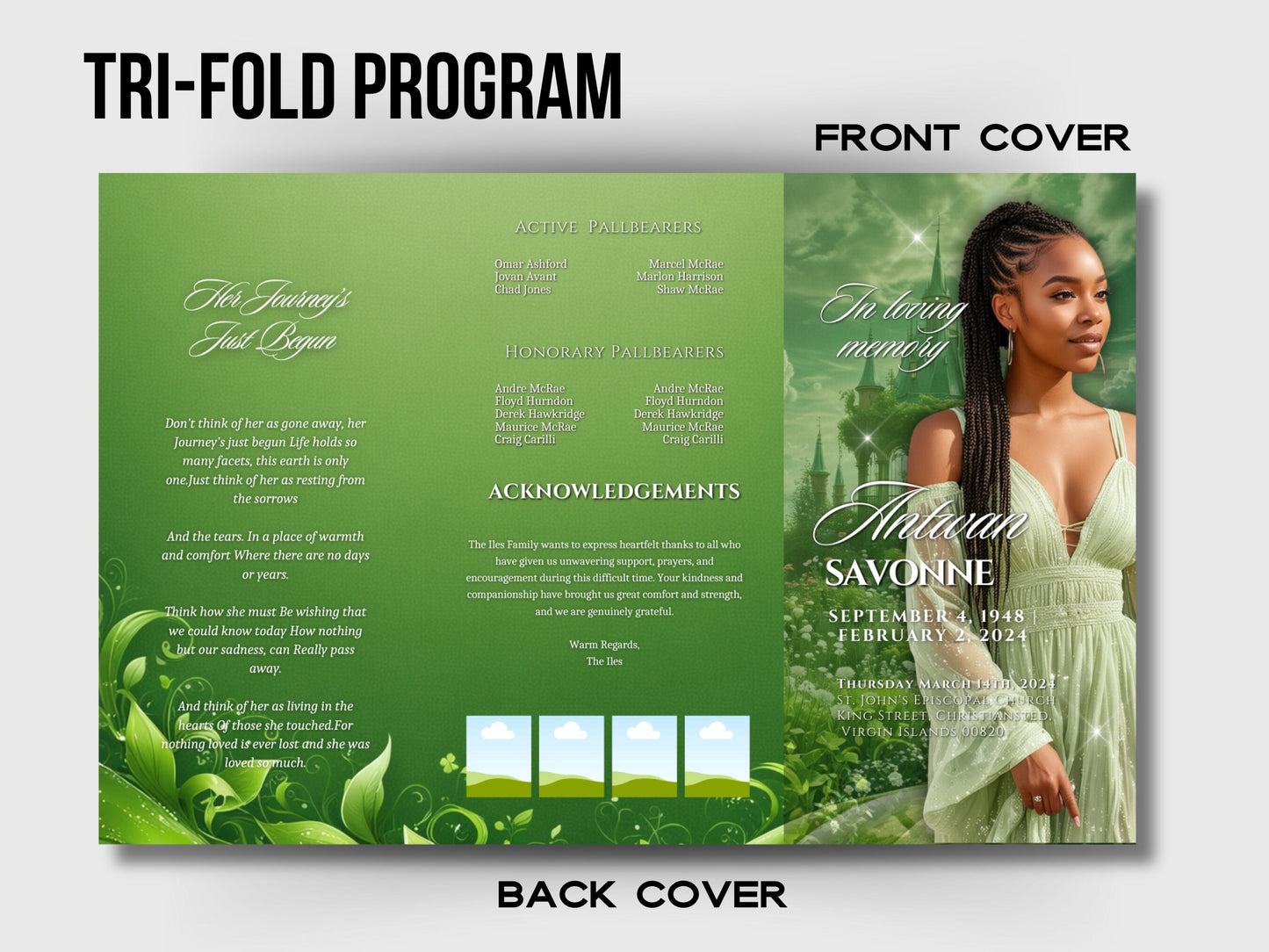 Funeral program 17"X11"editable template TRIFOLD Women Green In loving memory funeral brochure printing DIY Funeral booklet Printable