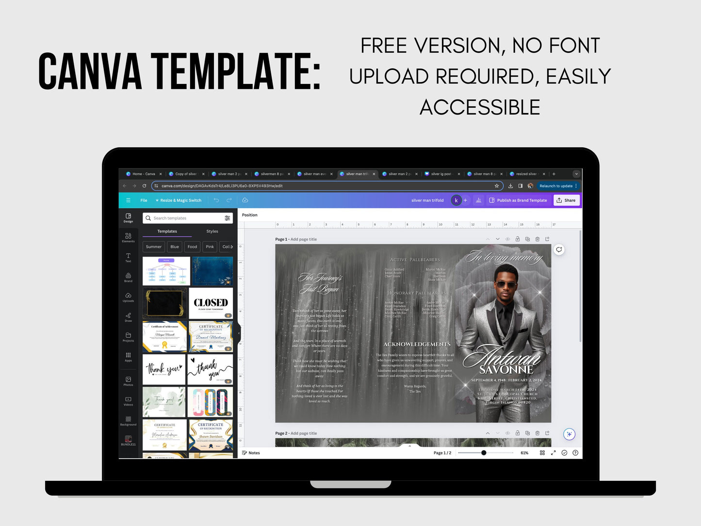 Funeral program 17"X11"editable templateTRIFOLD Men's Silver In loving memory funeral brochure printing DIY Funeral booklet Printable
