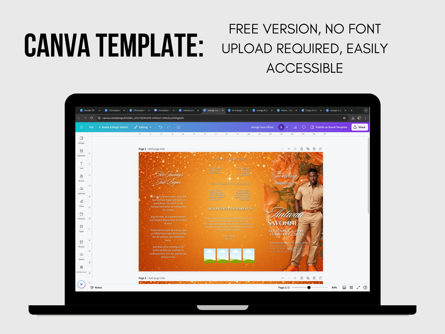 Funeral program 17"X11"editable templateTRIFOLD Men's Orange In loving memory funeral brochure printing DIY Funeral booklet Printable