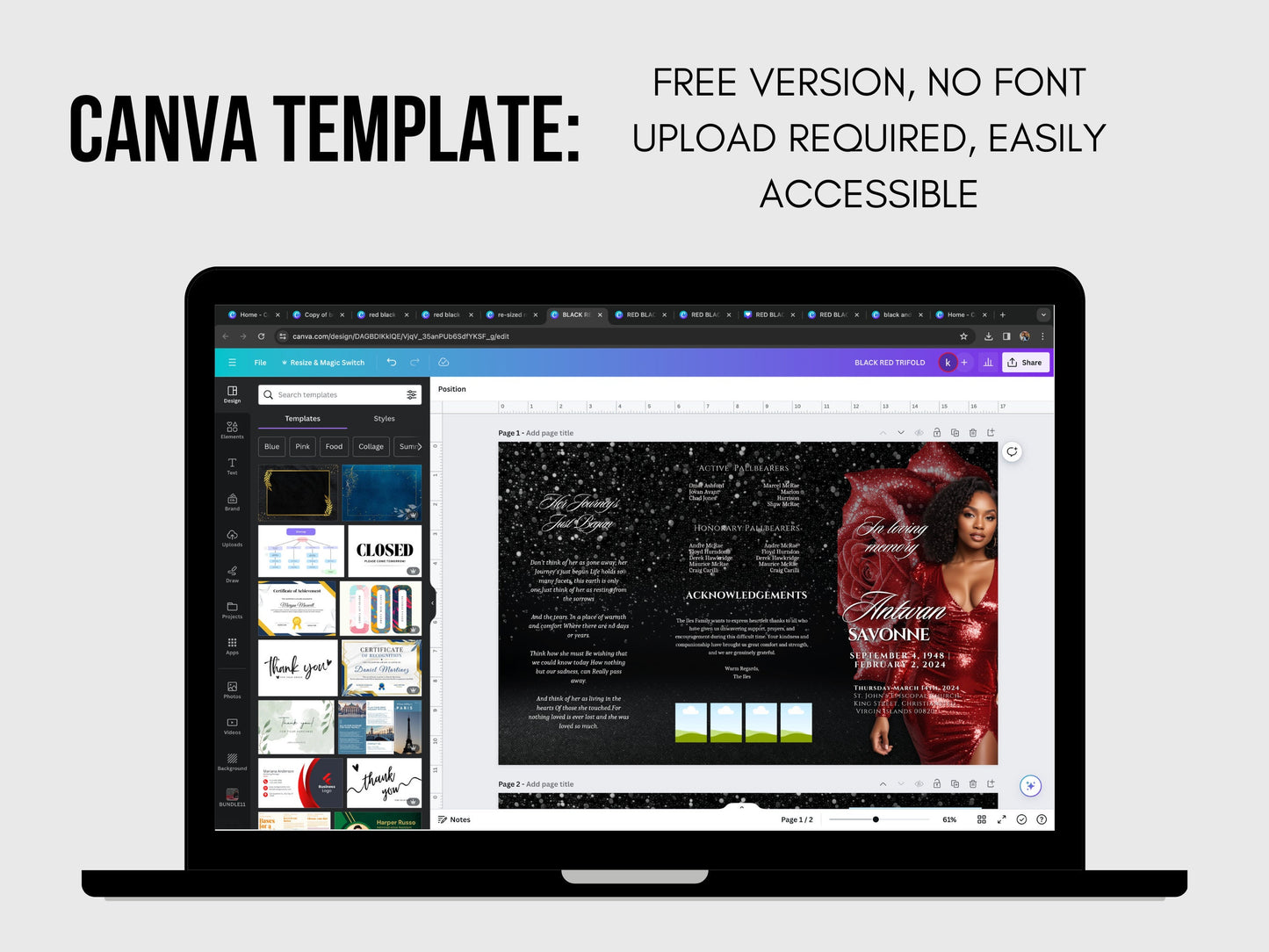 Funeral program 17"X11"editable template TRIFOLD Womens Black & Red In loving memory funeral brochure printing DIY Funeral booklet Printable