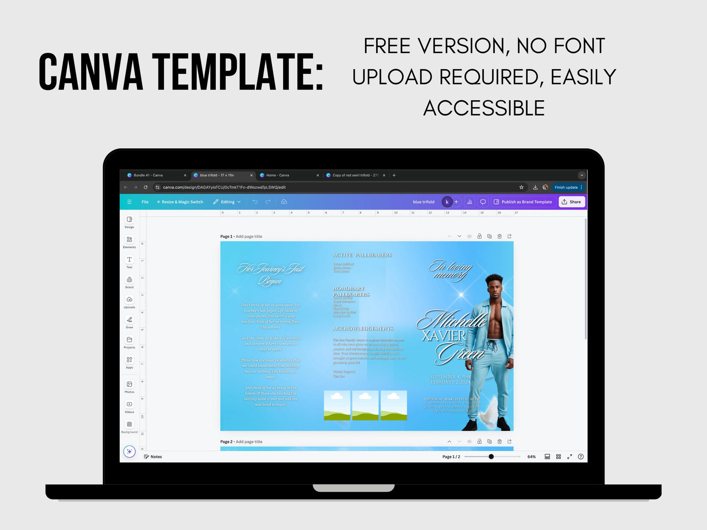 Funeral program 17"X11"editable templateTRIFOLD Men's Sky Blue In loving memory funeral brochure printing DIY Funeral booklet Printable