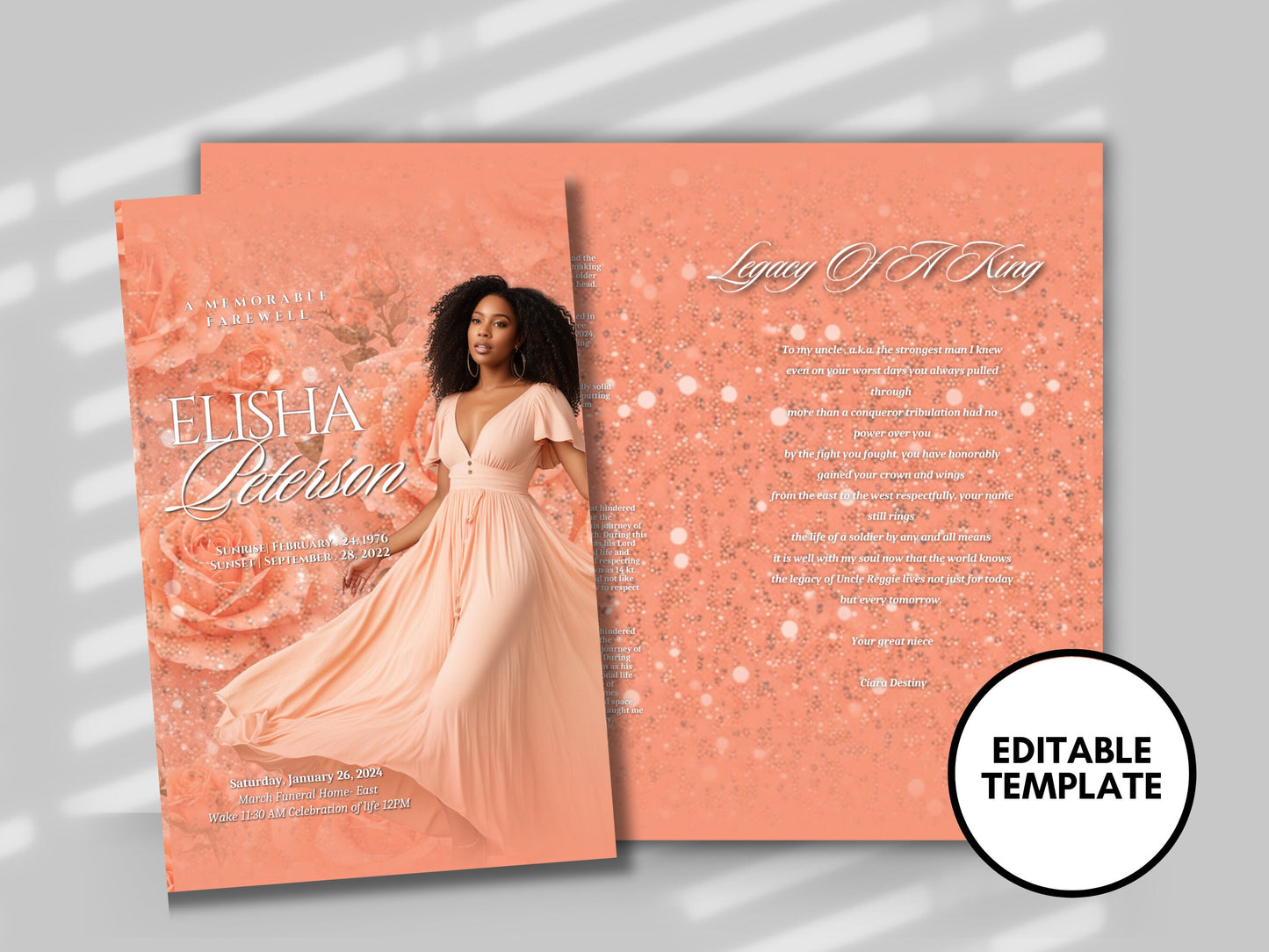 Funeral programs editable template 2 page 8.5x11 Women's Peach In loving memory funeral brochure printing DIY Funeral booklet