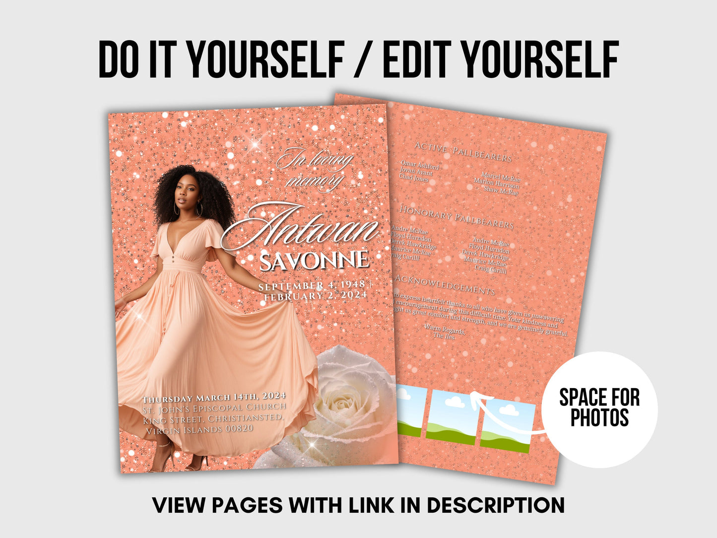 Funeral programs editable template 2 page 8.5x11 Women's Peach In loving memory funeral brochure printing DIY Funeral booklet
