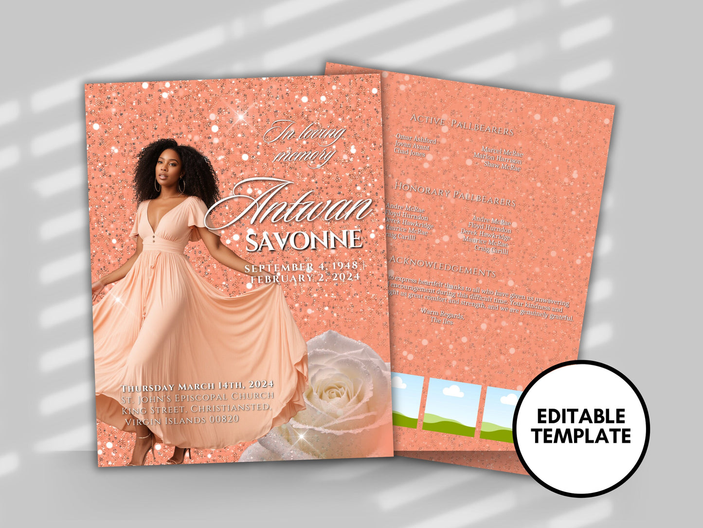 Funeral programs editable template 2 page 8.5x11 Women's Peach In loving memory funeral brochure printing DIY Funeral booklet