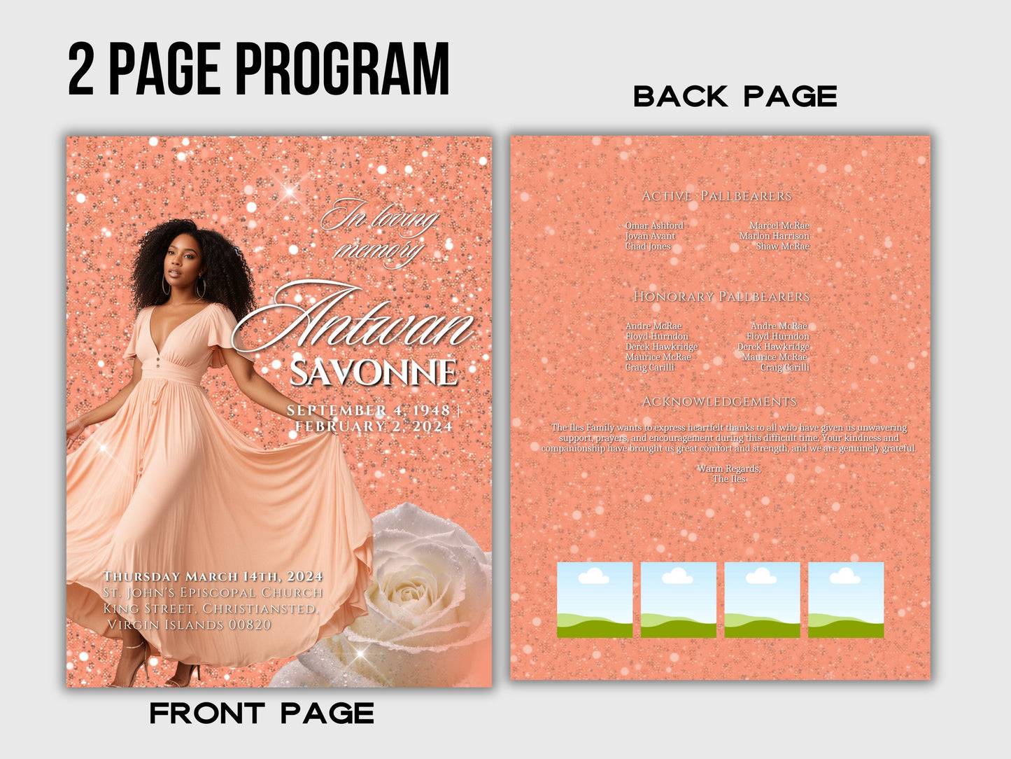 Funeral programs editable template 2 page 8.5x11 Women's Peach In loving memory funeral brochure printing DIY Funeral booklet
