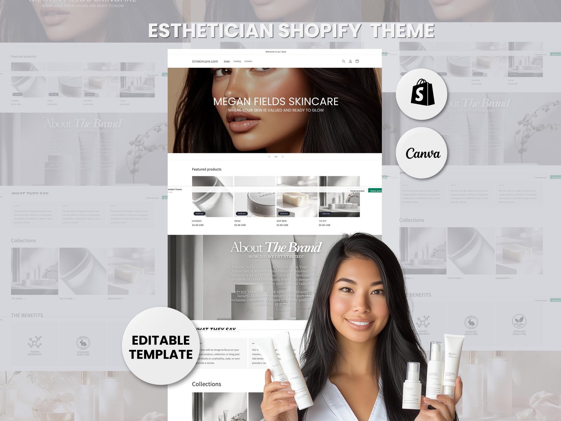 Aesthetic Shopify Skincare Theme Template, Aesthetic Grey Theme, Website for Esthetician Businesses Shopify Website Design, Shopify Banners
