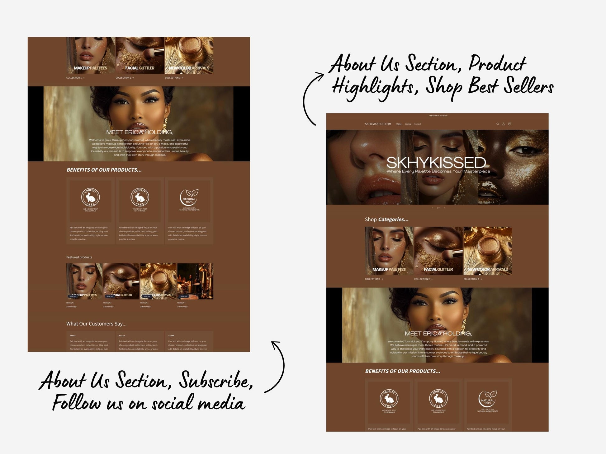 Brown Shopify Beauty Theme Template, Brown MUA Theme, Website for Makeup Artists Businesses Shopify Website Design, Shopify Banners