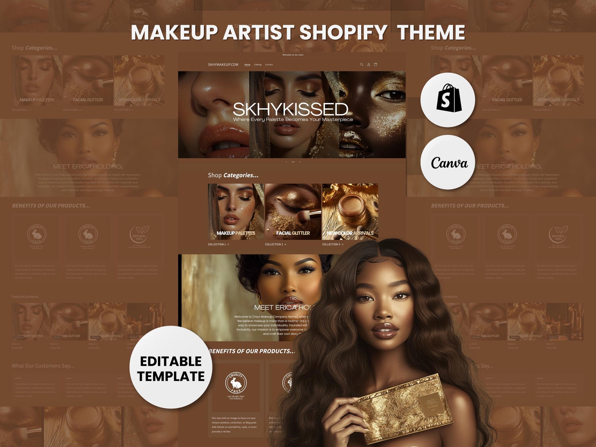 Brown Shopify Beauty Theme Template, Brown MUA Theme, Website for Makeup Artists Businesses Shopify Website Design, Shopify Banners