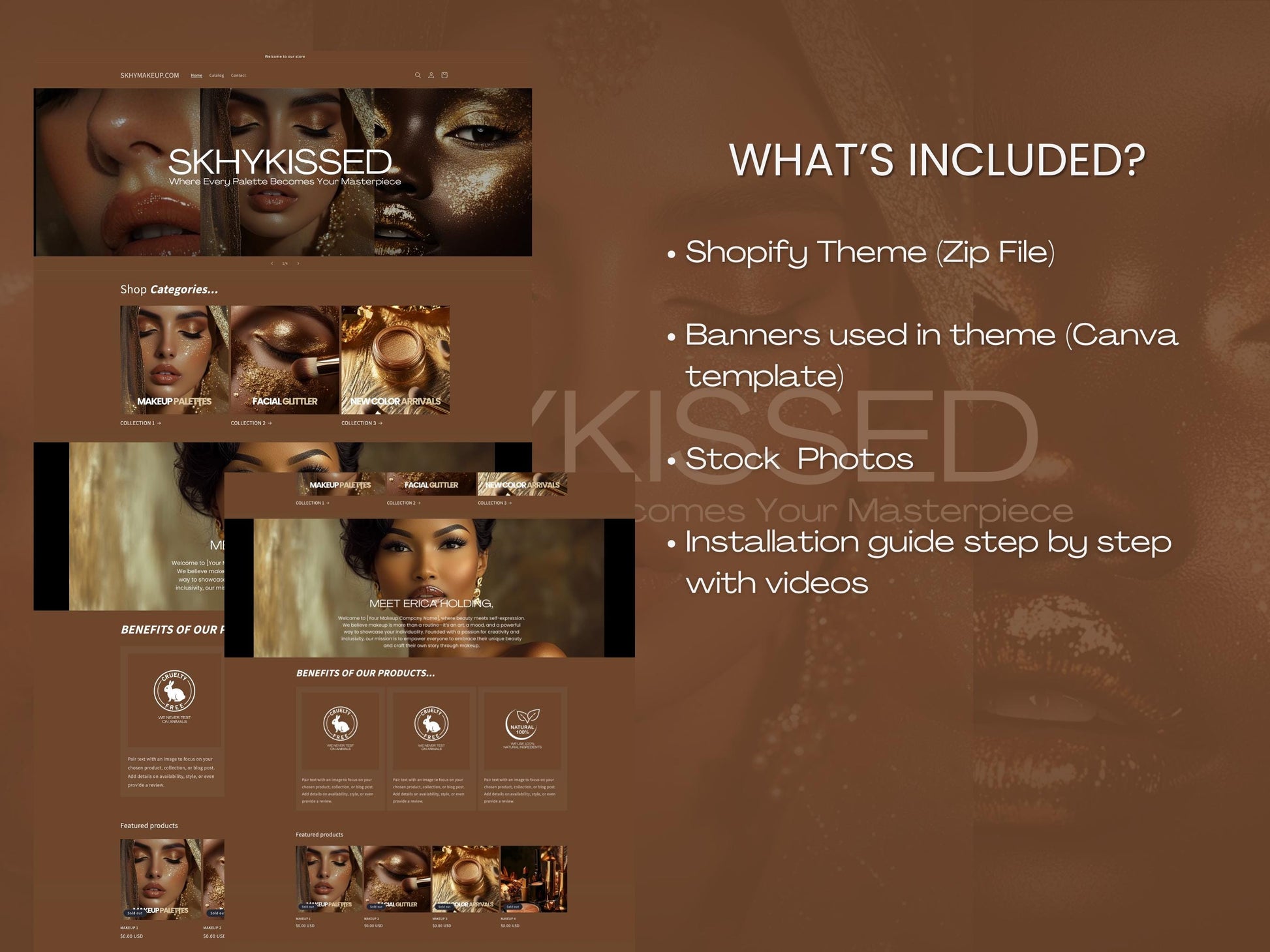 Brown Shopify Beauty Theme Template, Brown MUA Theme, Website for Makeup Artists Businesses Shopify Website Design, Shopify Banners