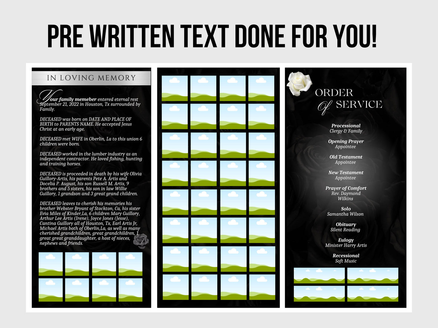 17"x11" FUNERAL OBITUARY TEMPLATE (2 pages) |Elegant Style Funeral Program | Celebration of Life |Keepsake |Digital Download |Canva Template