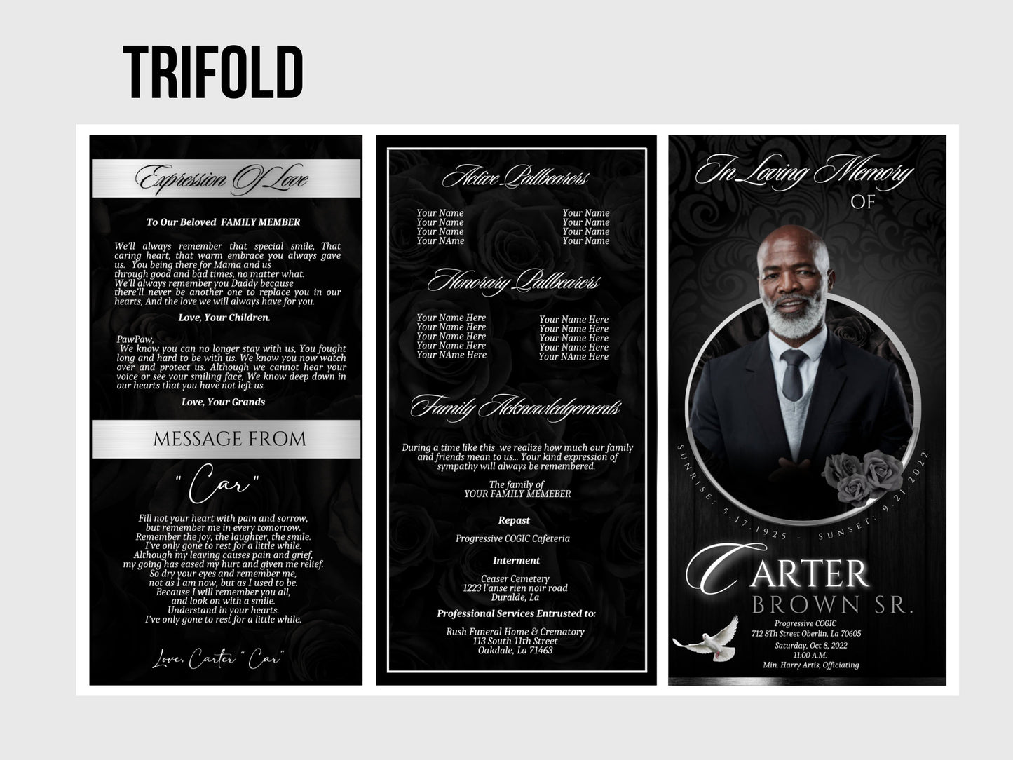 17"x11" FUNERAL OBITUARY TEMPLATE (2 pages) |Elegant Style Funeral Program | Celebration of Life |Keepsake |Digital Download |Canva Template