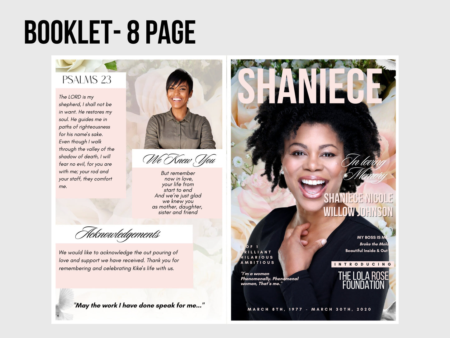 5.5"x8.5" BOOKLET Memorial program (8 pages)| Rose Style Funeral Program |Celebration of Life |Keepsake |Digital Download |Canva Template