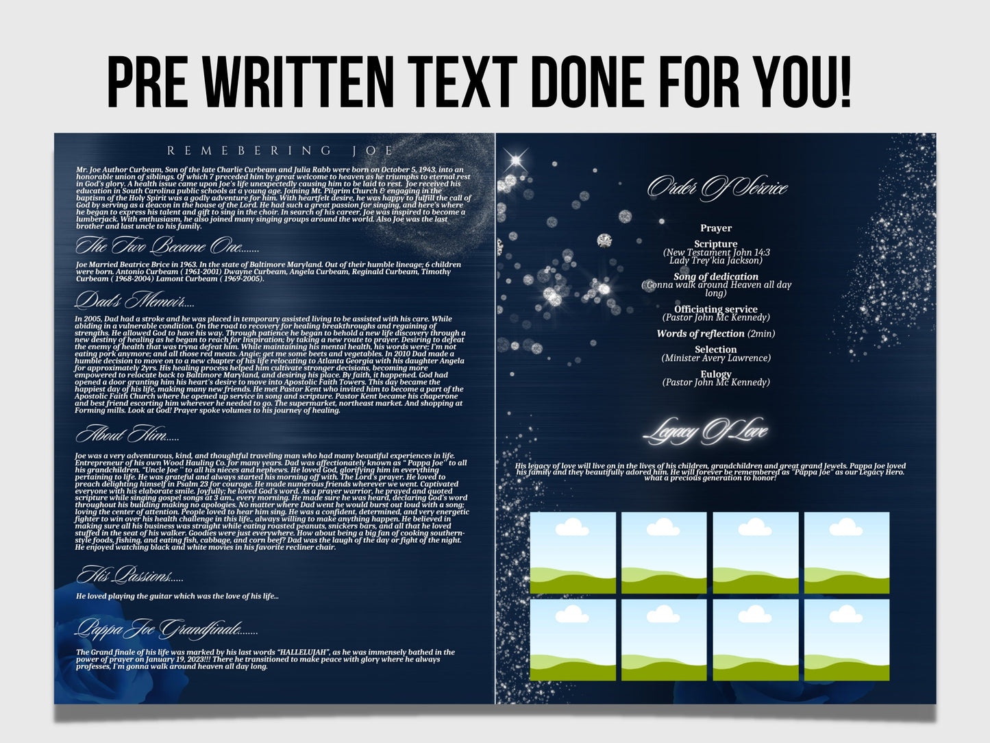 8.5"x11" BOOKLET Memorial program (8 pages)| Mens Blue Funeral Program |Celebration of Life |Keepsake |Digital Download |Canva Template