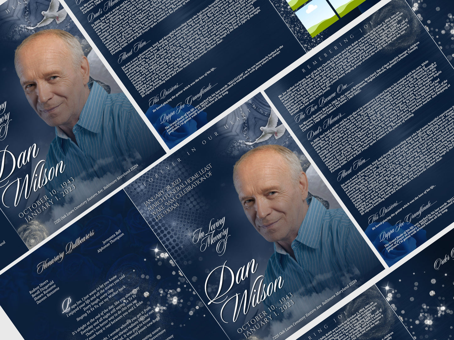 8.5"x11" BOOKLET Memorial program (8 pages)| Mens Blue Funeral Program |Celebration of Life |Keepsake |Digital Download |Canva Template
