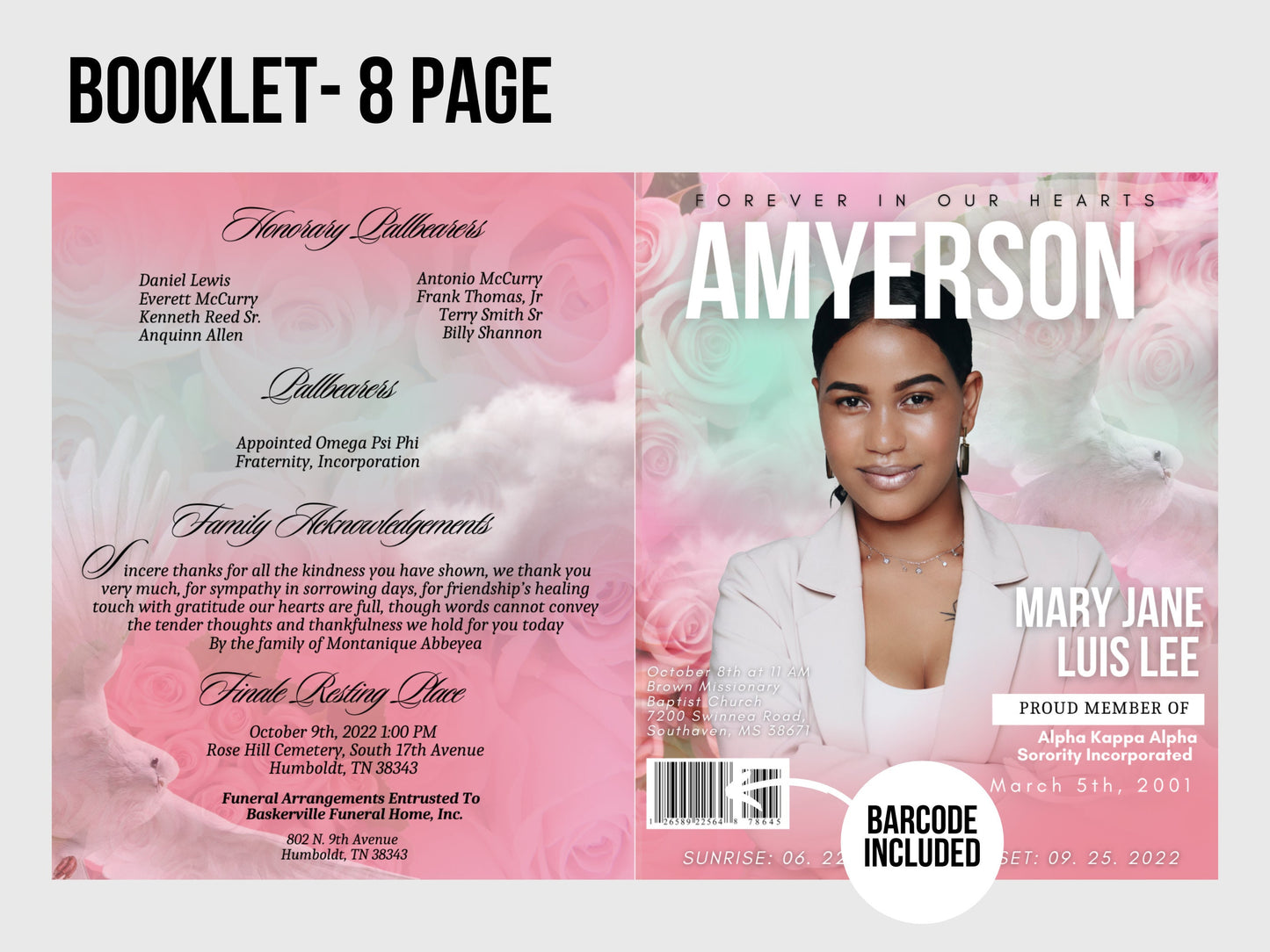 8.5"x11" BOOKLET Memorial program (8 pages)| Womens Pink Funeral Program |Celebration of Life |Keepsake |Digital Download |Canva Template