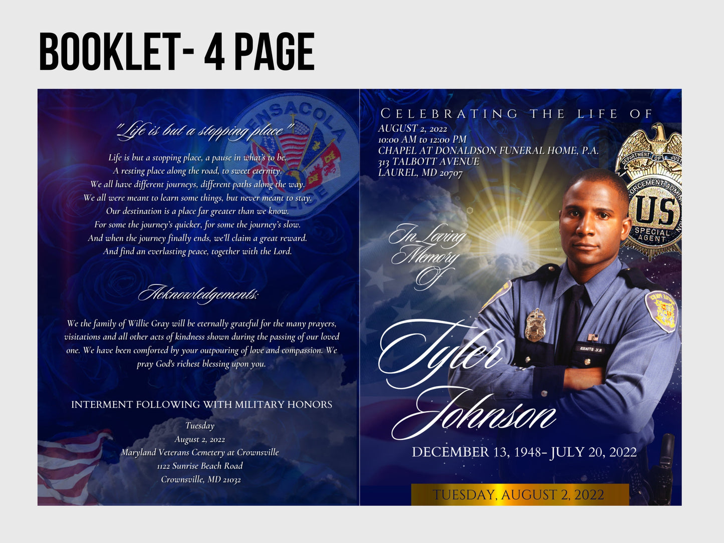 8.5x11" LAW ENFORCEMENT Memorial program (4 pages)|Blue Funeral Program |Celebration of Life|Keepstakes obituary Program, In loving memory