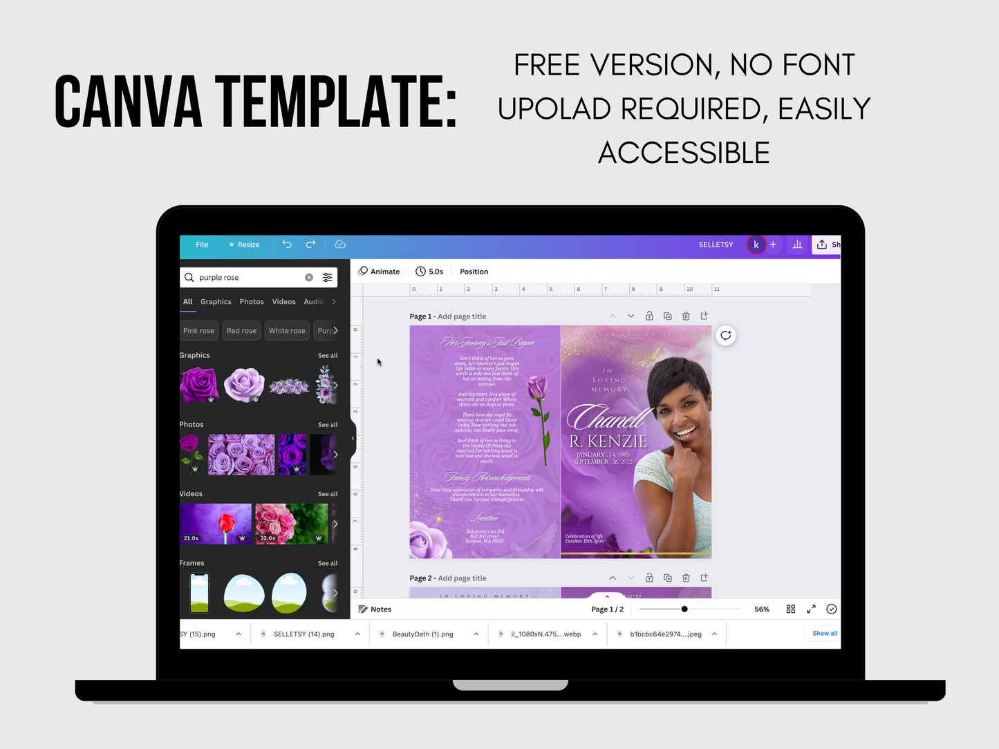 5.5"x8.5" BOOKLET Memorial program (4 pages)| PURPLE Style Funeral Program |Celebration of Life |Keepsake |Digital Download |Canva Template