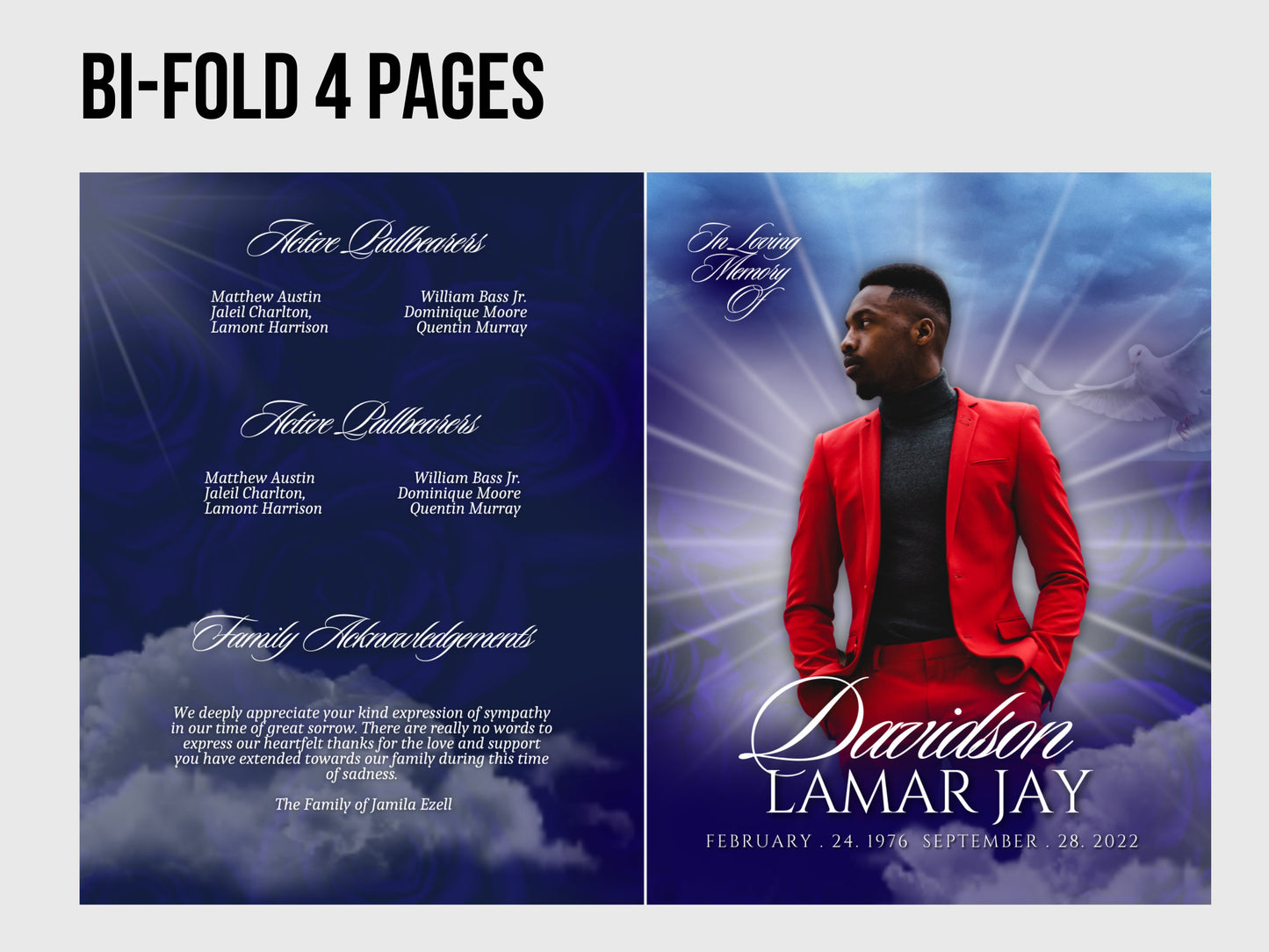 8.5"x11" BOOKLET Memorial program (4 pages)| Blue Beam Funeral Program |Celebration of Life |Keepsake |Digital Download |Canva Template