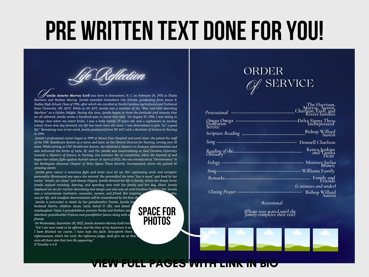 8.5"x11" BOOKLET Memorial program (4 pages)| Blue Beam Funeral Program |Celebration of Life |Keepsake |Digital Download |Canva Template