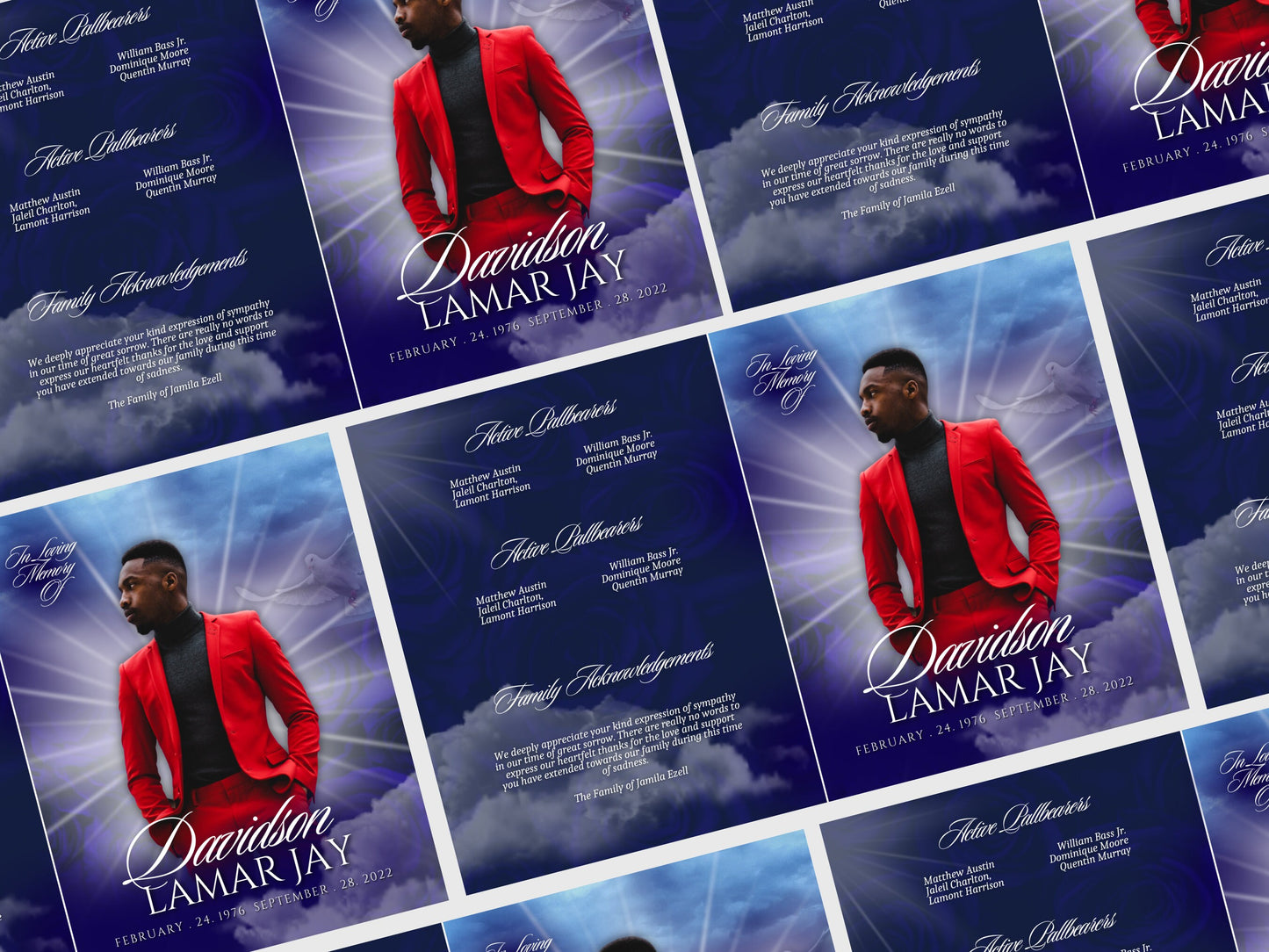8.5"x11" BOOKLET Memorial program (4 pages)| Blue Beam Funeral Program |Celebration of Life |Keepsake |Digital Download |Canva Template