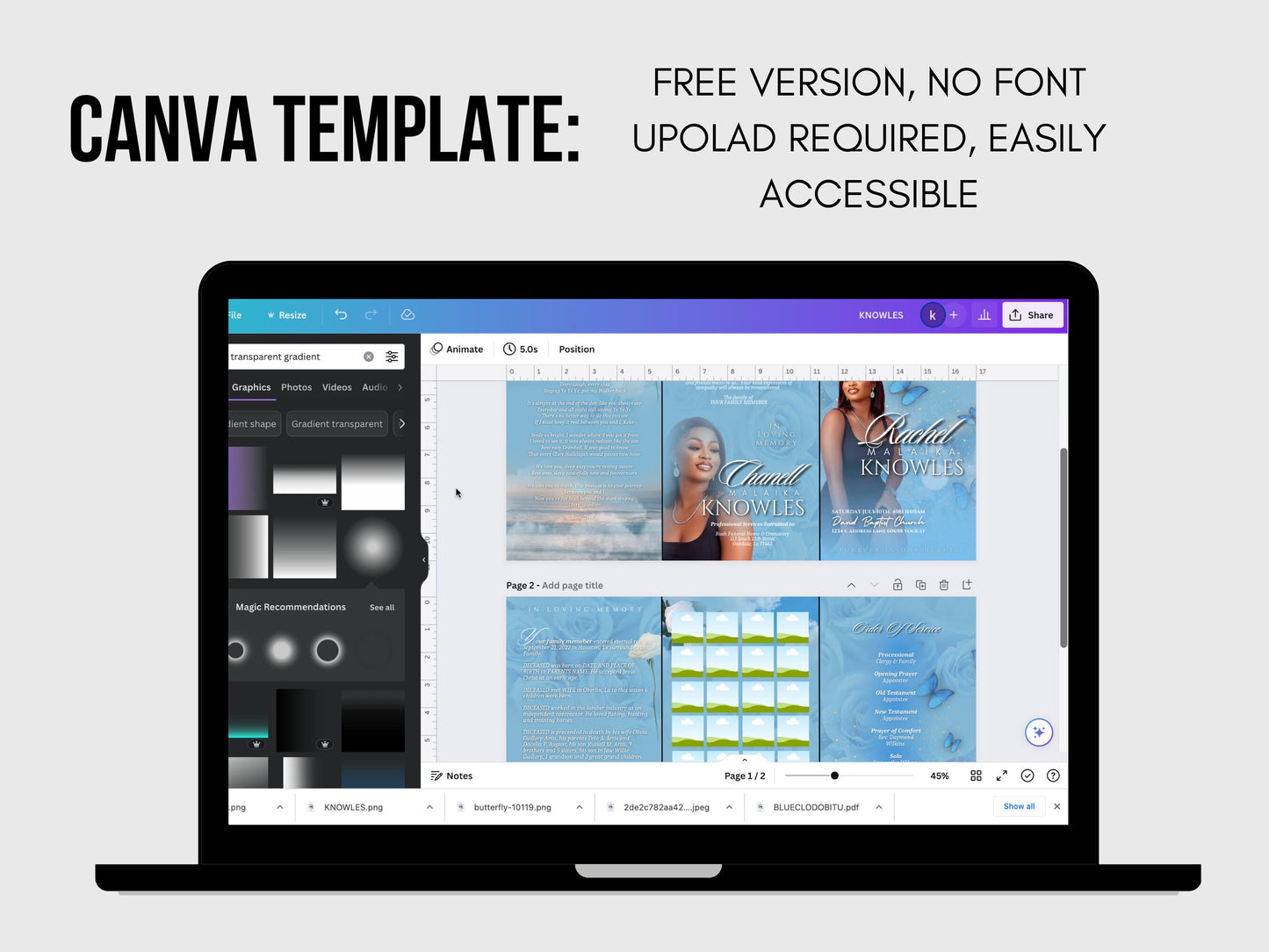 17"x11" FUNERAL OBITUARY TEMPLATE (2 pages) |Elegant Style Funeral Program | Celebration of Life |Women Blue Rose Obituary |Canva Template