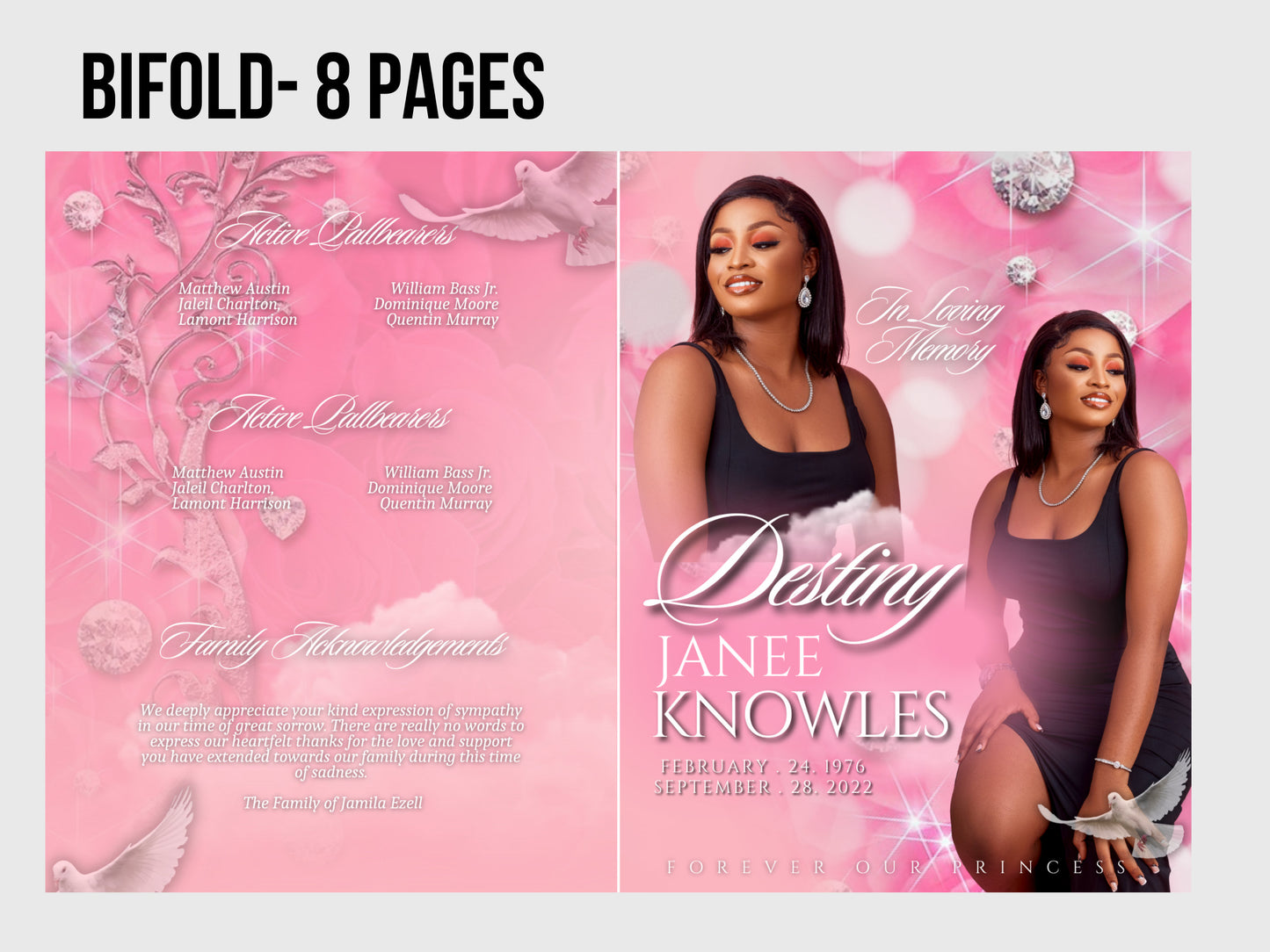 8.5"x11" FUNERAL BOOKLET (8 pages)| Pink Funeral Program |Celebration of Life |Keepsake |Digital Download |Canva Template