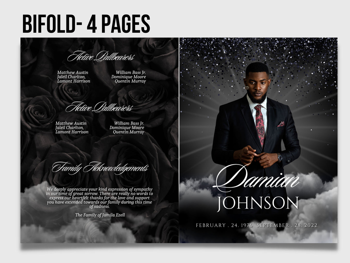 8.5"x11" BOOKLET Memorial program (4 pages)| Black Rose Funeral Program |Celebration of Life |Keepsake |Digital Download |Canva Template