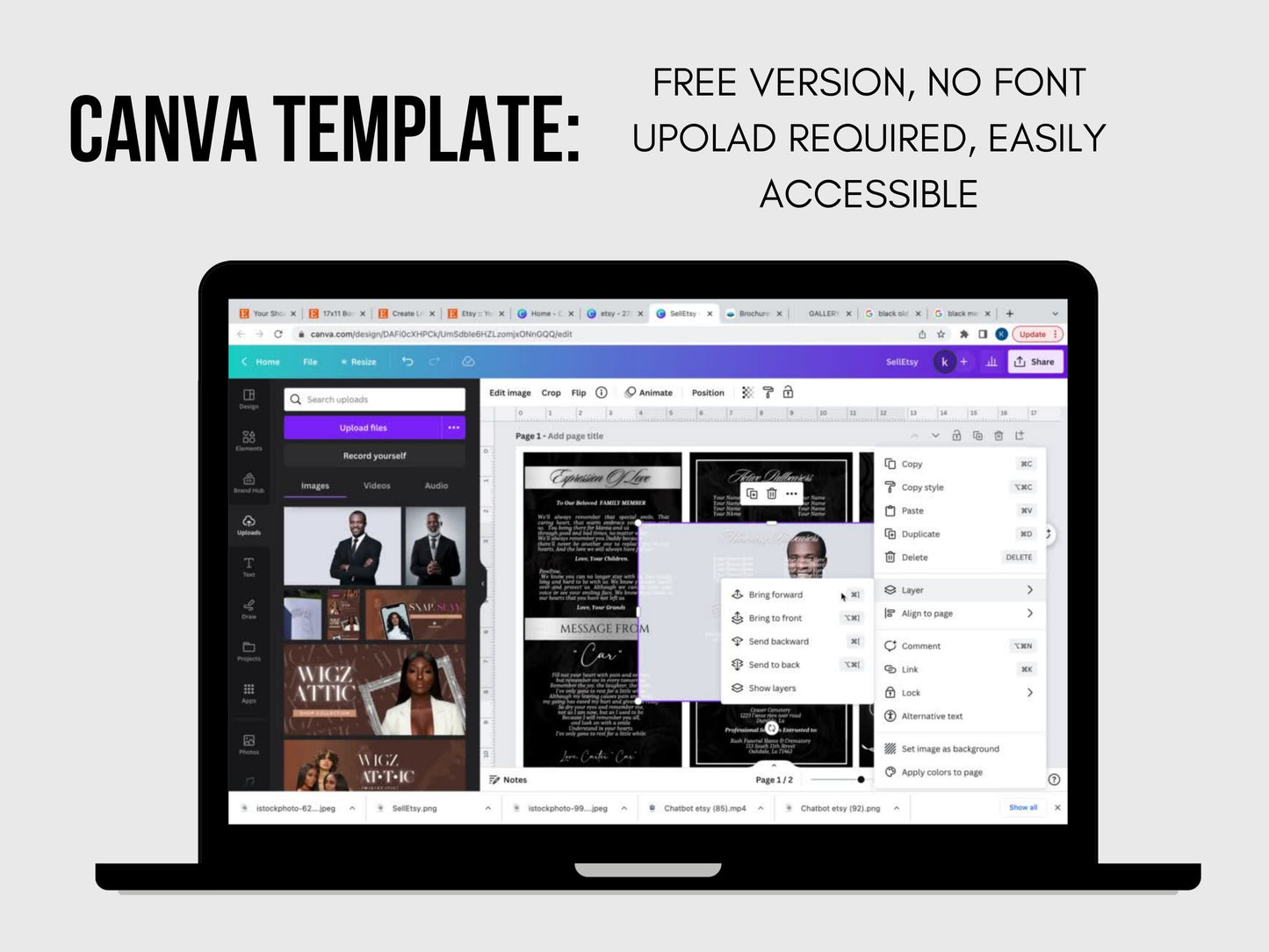 17"x11" FUNERAL OBITUARY TEMPLATE (2 pages) |Elegant Style Funeral Program | Celebration of Life |Keepsake |Digital Download |Canva Template