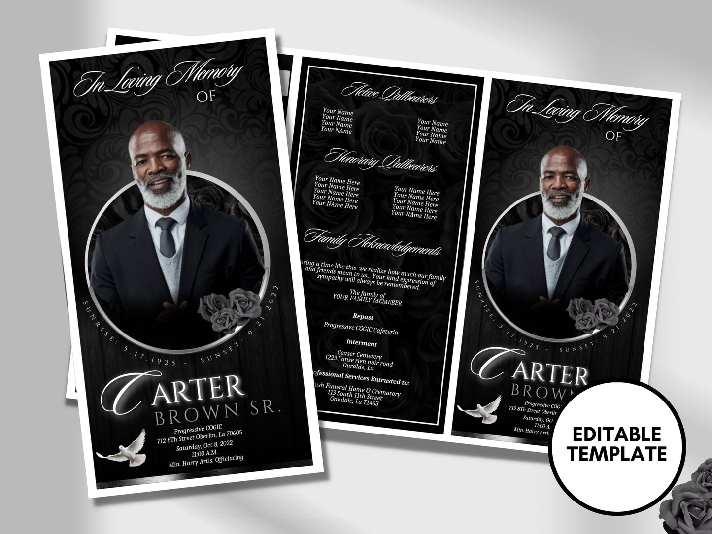 17"x11" FUNERAL OBITUARY TEMPLATE (2 pages) |Elegant Style Funeral Program | Celebration of Life |Keepsake |Digital Download |Canva Template