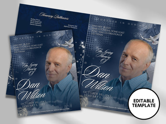 8.5"x11" BOOKLET Memorial program (8 pages)| Mens Blue Funeral Program |Celebration of Life |Keepsake |Digital Download |Canva Template