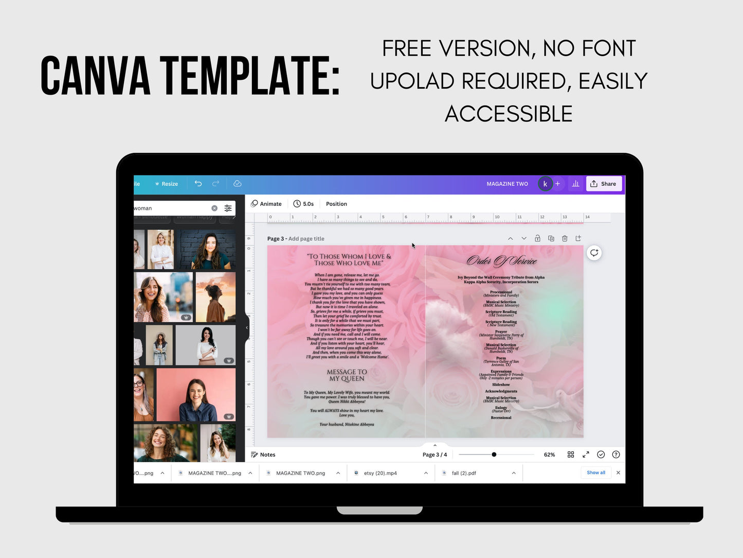 8.5"x11" BOOKLET Memorial program (8 pages)| Womens Pink Funeral Program |Celebration of Life |Keepsake |Digital Download |Canva Template