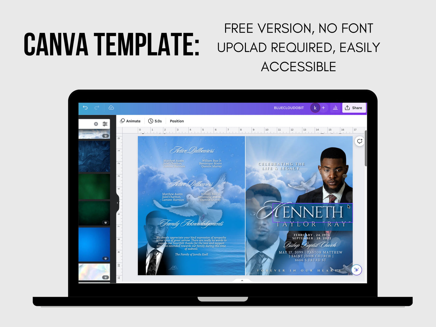 8.5"x11" BOOKLET Memorial program (8 pages) | Blue Cloud Funeral Program |Celebration of Life |Keepsake |Digital Download |Canva Template