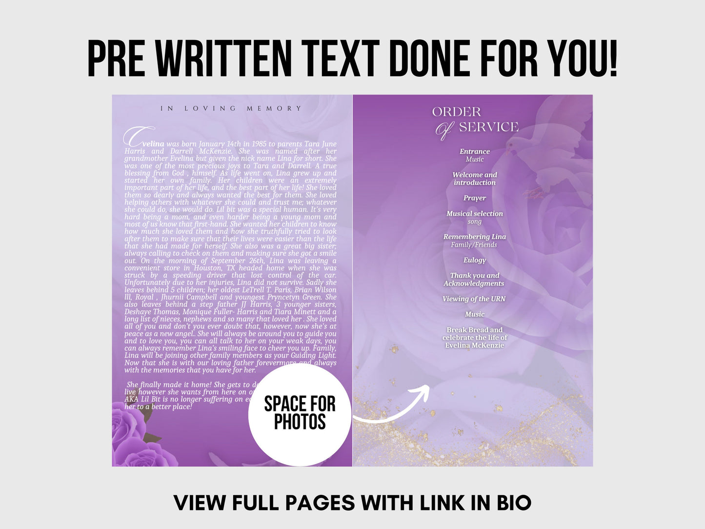 5.5"x8.5" BOOKLET Memorial program (4 pages)| PURPLE Style Funeral Program |Celebration of Life |Keepsake |Digital Download |Canva Template
