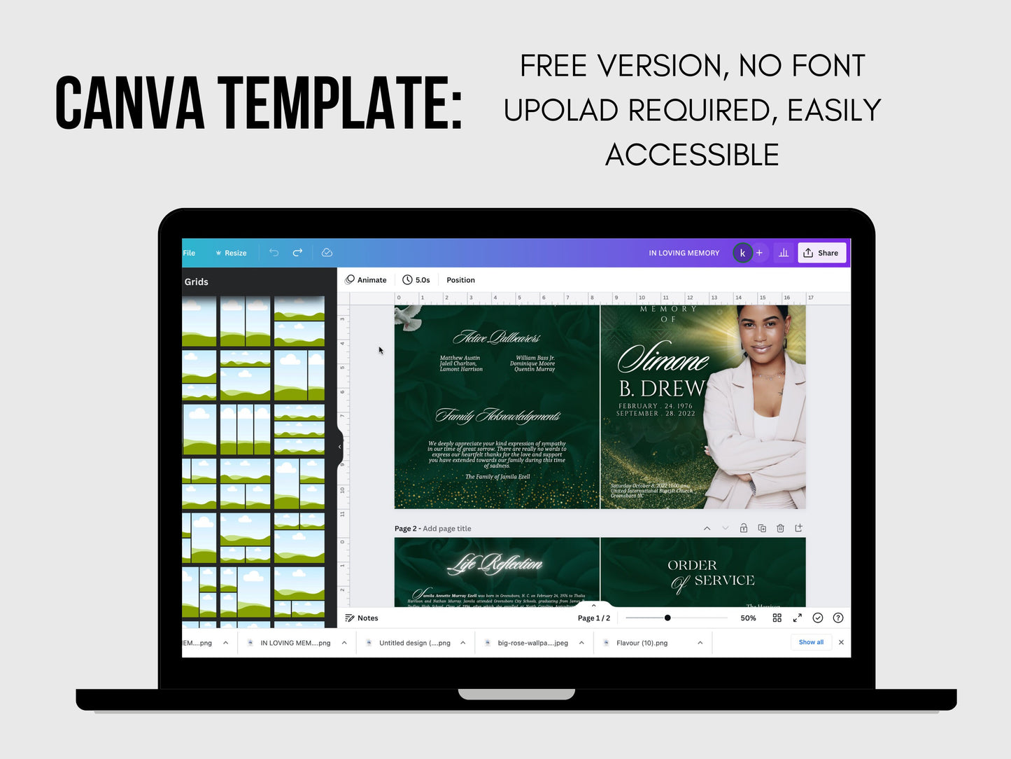 8.5"x11" BOOKLET Memorial program (4 pages)| Green Funeral Program |Celebration of Life |Keepsake |Digital Download |Canva Template