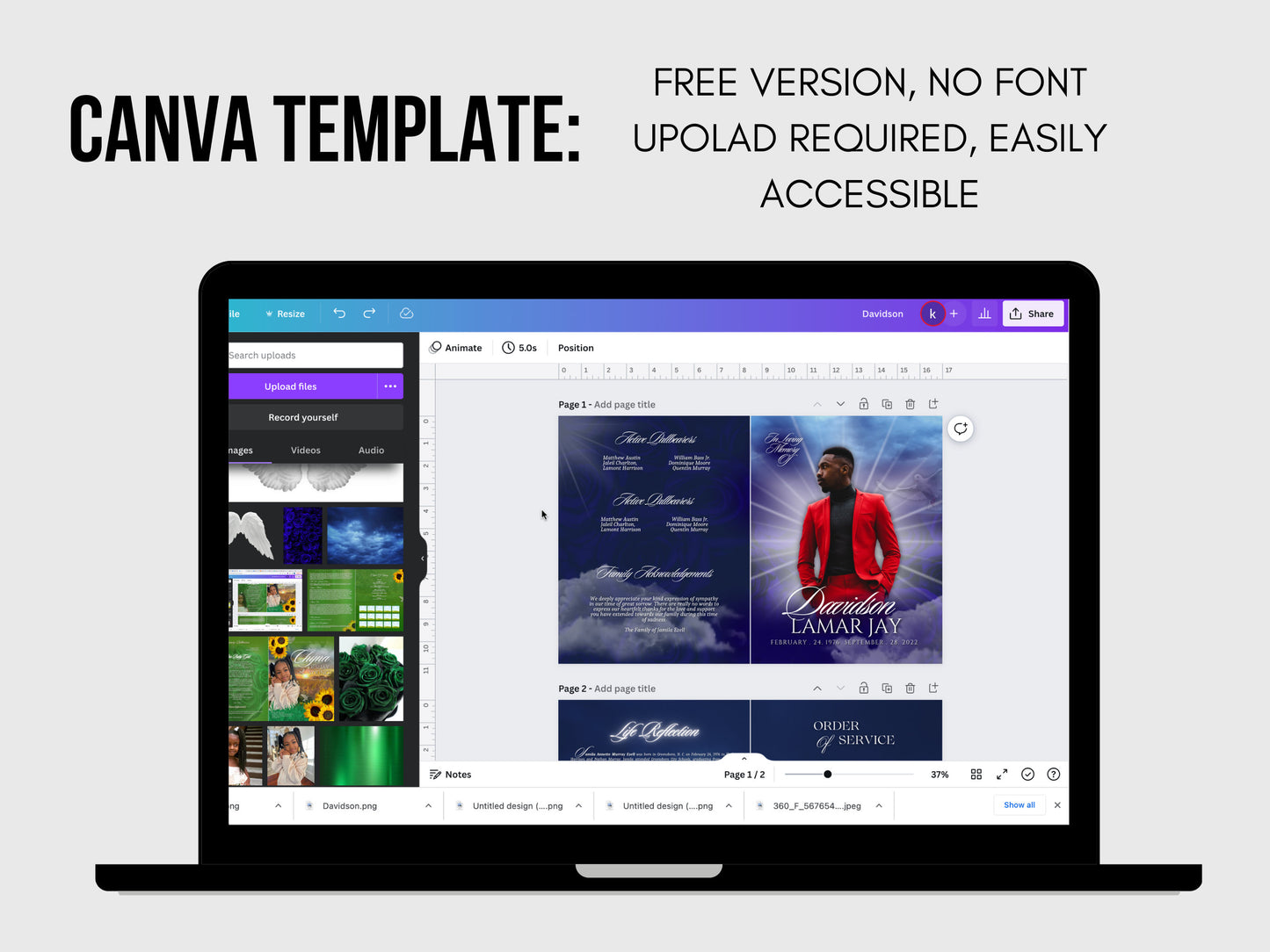 8.5"x11" BOOKLET Memorial program (4 pages)| Blue Beam Funeral Program |Celebration of Life |Keepsake |Digital Download |Canva Template