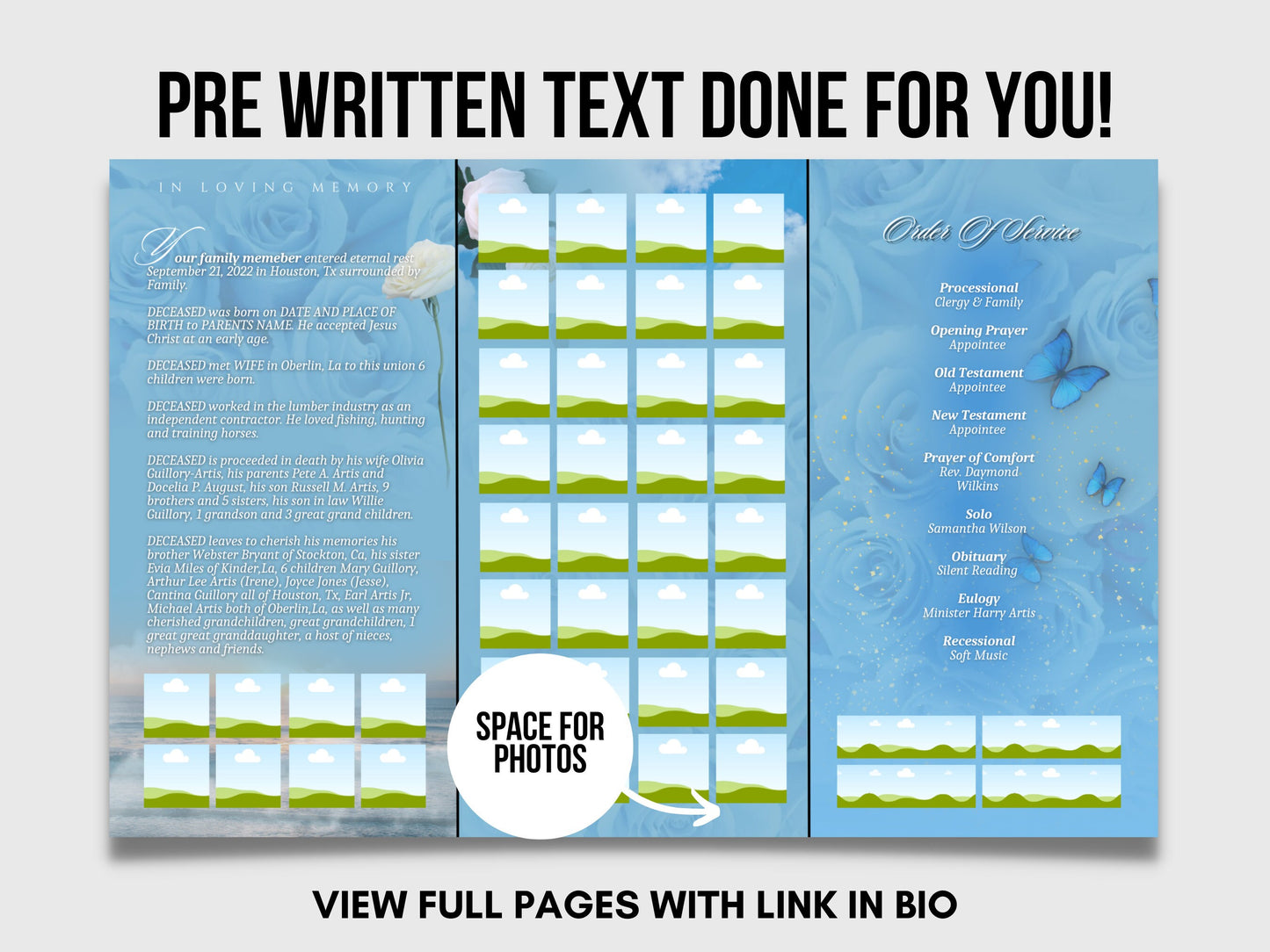 17"x11" FUNERAL OBITUARY TEMPLATE (2 pages) |Elegant Style Funeral Program | Celebration of Life |Women Blue Rose Obituary |Canva Template