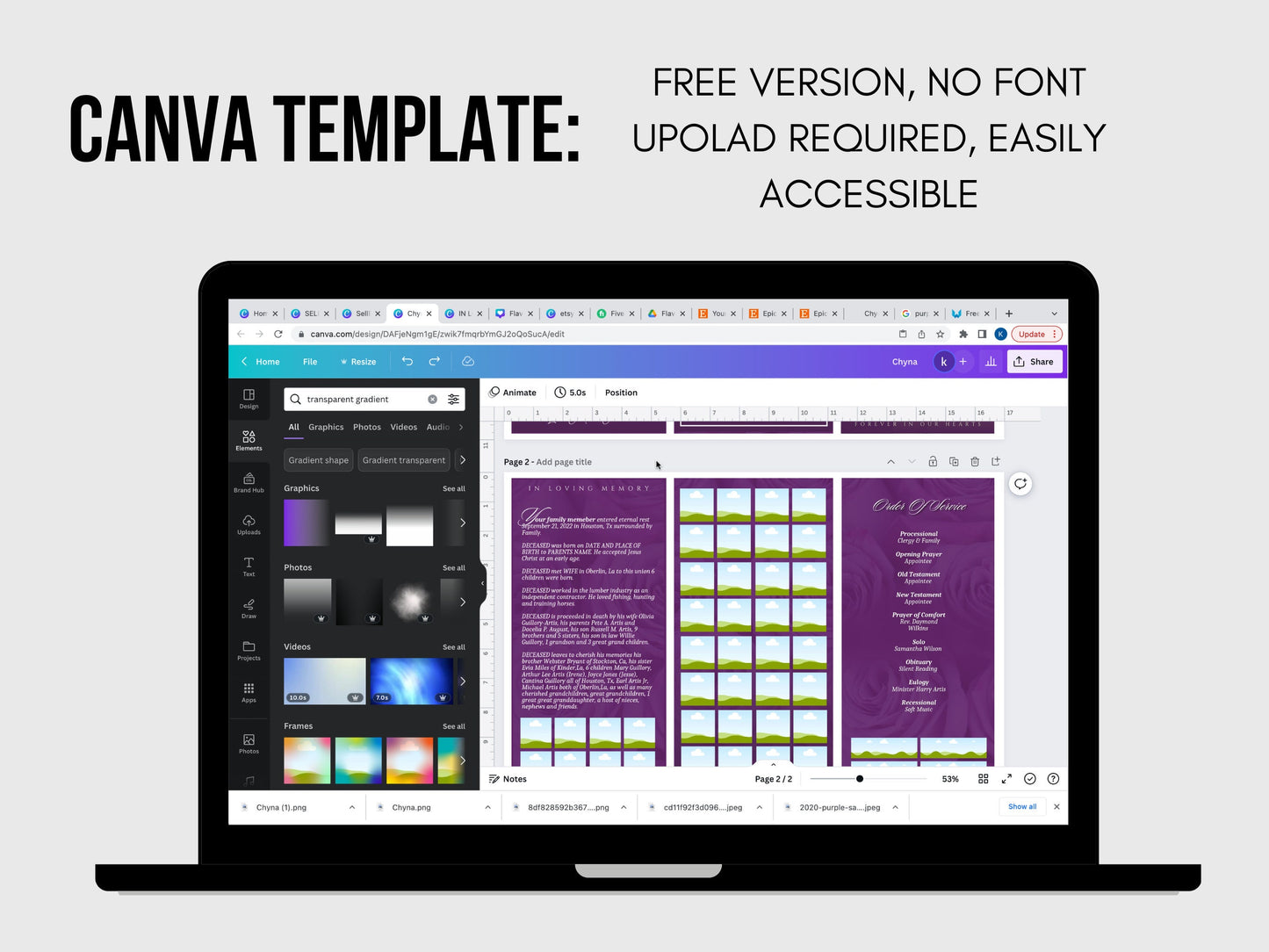17"x11" TRIFOLD Memorial program (2 pages) | Elegant Style Funeral Program | Celebration of Life |Keepsake |Digital Download |Canva Template