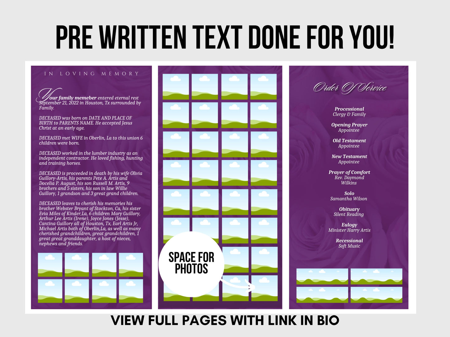 17"x11" TRIFOLD Memorial program (2 pages) | Elegant Style Funeral Program | Celebration of Life |Keepsake |Digital Download |Canva Template