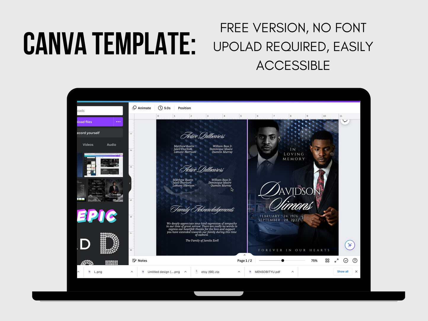 5.5"x8.5" BOOKLET Memorial program (4 pages)| LUXURY Blue Funeral Program |Celebration of Life |Keepsake |Digital Download |Canva Template