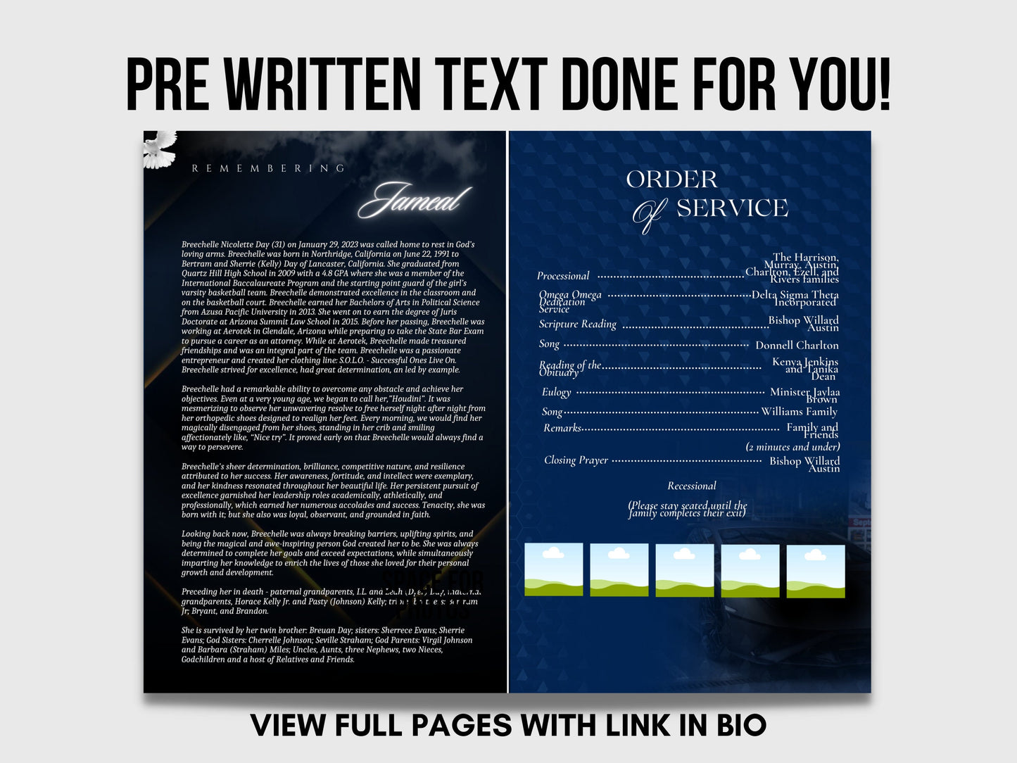 5.5"x8.5" BOOKLET Memorial program (4 pages)| LUXURY Blue Funeral Program |Celebration of Life |Keepsake |Digital Download |Canva Template