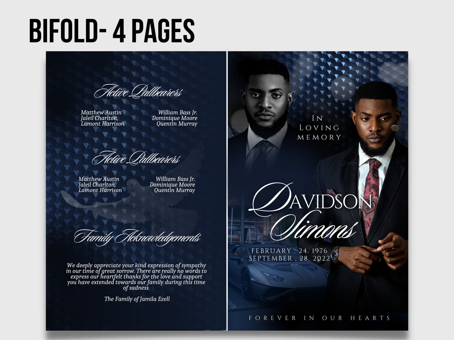 5.5"x8.5" BOOKLET Memorial program (4 pages)| LUXURY Blue Funeral Program |Celebration of Life |Keepsake |Digital Download |Canva Template