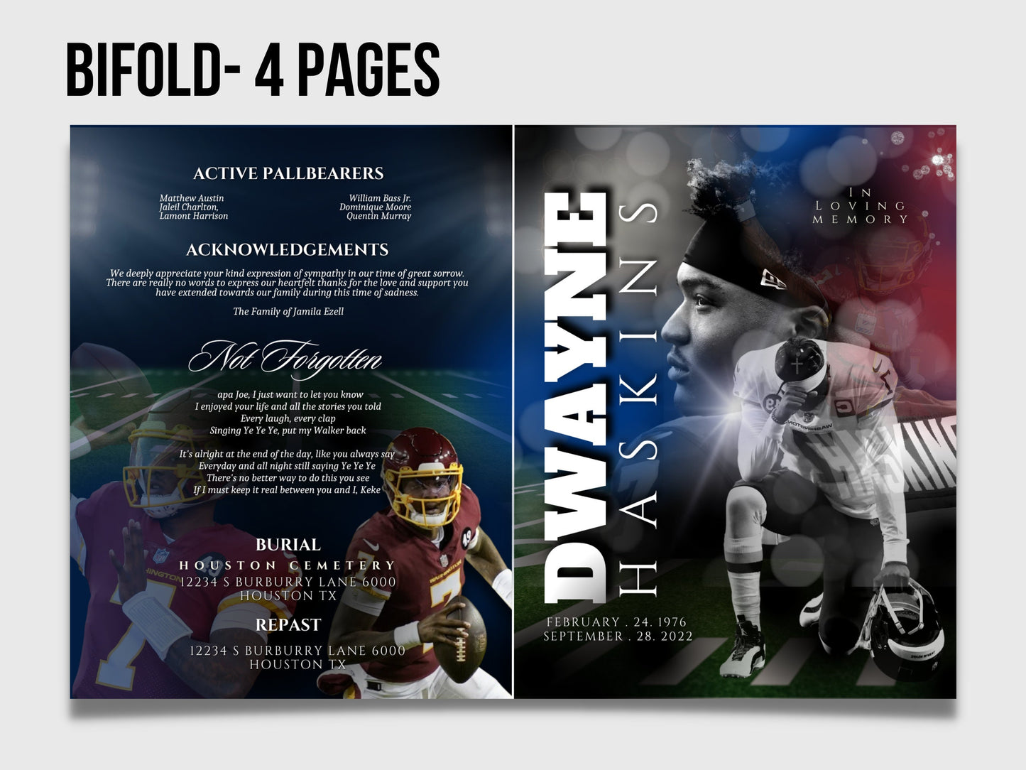 8.5"x11" BOOKLET Memorial program (4 pages) | Red Football Funeral Program |Celebration of Life |Keepsake |Digital Download |Canva Template